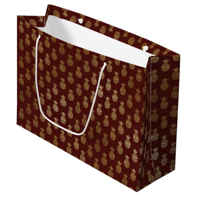 Burgundy and Gold Foil Pineapple Pattern Large Gift Bag (Front Angled)