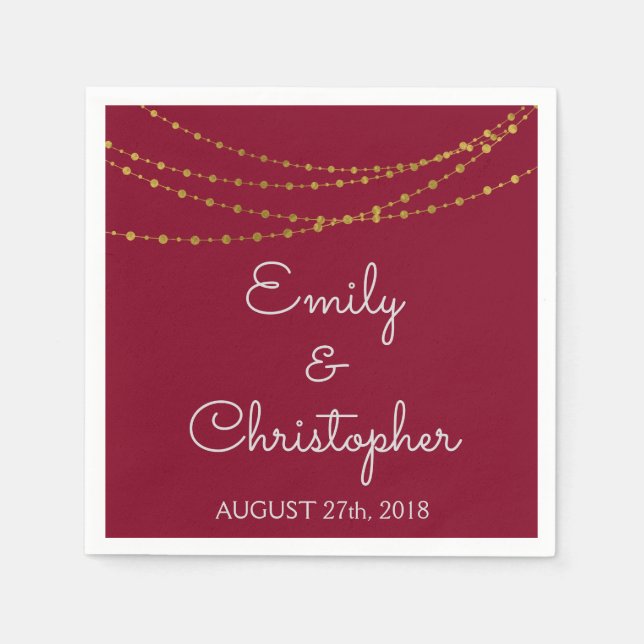 Burgundy and Gold Foil String Lights Wedding Napkin (Front)
