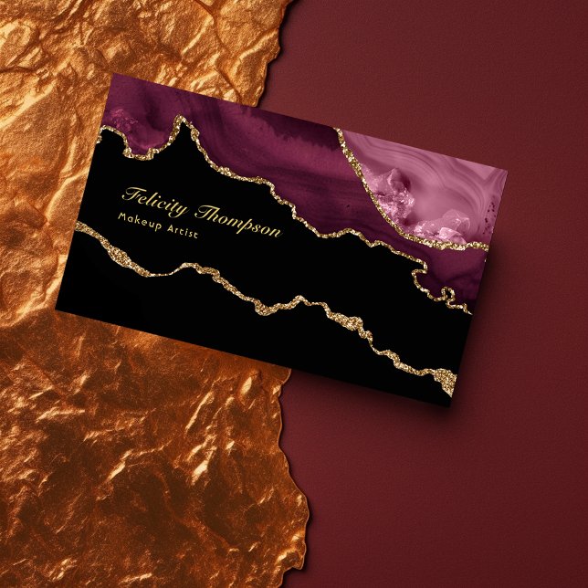 Burgundy and Gold Geode Agate Stone QR Code Business Card (Creator Uploaded)