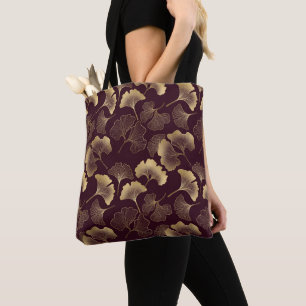Burgundy and Gold Ginkgo Pattern Tote Bag