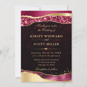 Burgundy and Gold Glam Tears Bokeh Wedding Invitation
