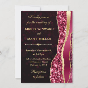 Burgundy and Gold Glam Tears Bokeh Wedding Invitation