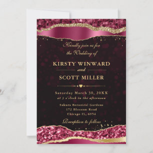 Burgundy and Gold Glam Tears Bokeh Wedding Invitation