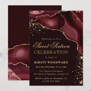 Burgundy and Gold Glitter Agate 21st Birthday Invitation