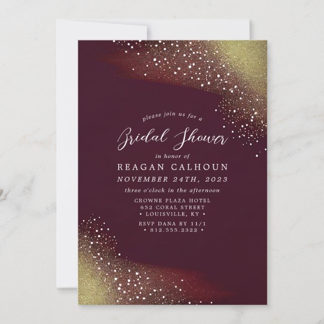 Burgundy And Gold Glitter Bridal Shower Invitation (Front)