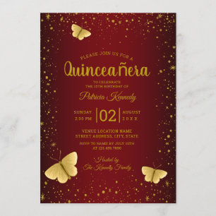 Burgundy And Gold Glitter Butterfly Quinceanera Invitation