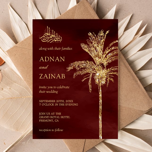 Burgundy and Gold Glitter Date Palm Muslim Wedding Invitation (Creator Uploaded)