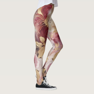 Burgundy and Gold Glitter floral Agate  Leggings