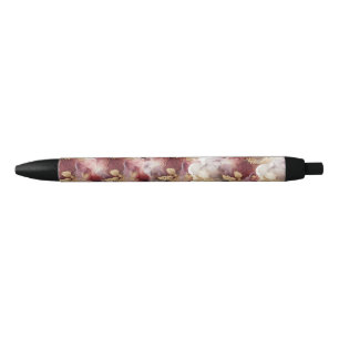 Burgundy and Gold Glitter floral Agate Neck Tie Black Ink Pen