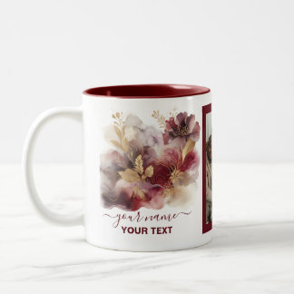 Burgundy and Gold Glitter floral Agate photo Two-Tone Coffee Mug