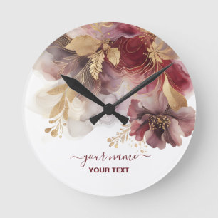 Burgundy and Gold Glitter floral Agate Round Clock