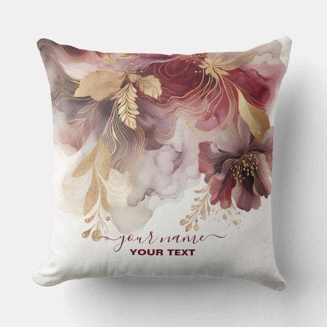 Burgundy and Gold Glitter floral Agate  Throw Pillow (Front)