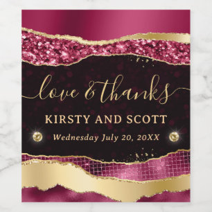 Burgundy and Gold Glitter Glam Tears Bokeh Wedding Wine Label