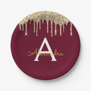 Burgundy and Gold Glitter Monogram Birthday Paper Plate