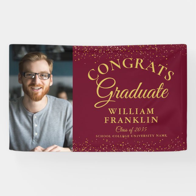 Burgundy And Gold Glitter Photo Graduation Banner (Horizontal)