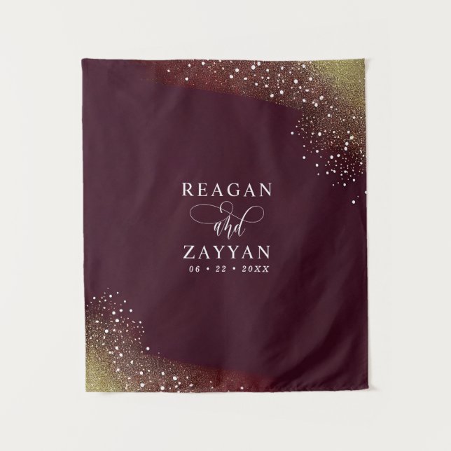 Burgundy And Gold Glitter Wedding Backdrop Tapestry (Front)