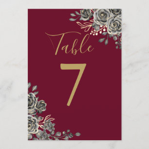 Burgundy And Gold Goth Floral Wedding Table Number