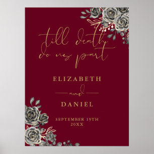 Burgundy And Gold Gothic Roses Floral Wedding Sign