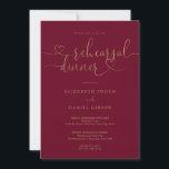 Burgundy And Gold Heart Script Rehearsal Dinner Invitation<br><div class="desc">Elegant burgundy and gold heart script rehearsal dinner invitation featuring your names and rehearsal dinner details set in chic text. Designed by Thisisnotme©</div>