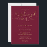 Burgundy And Gold Heart Script Rehearsal Dinner Invitation<br><div class="desc">Elegant burgundy and gold heart script rehearsal dinner invitation featuring your names and rehearsal dinner details set in chic text. Designed by Thisisnotme©</div>
