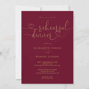 Burgundy And Gold Heart Script Rehearsal Dinner Invitation