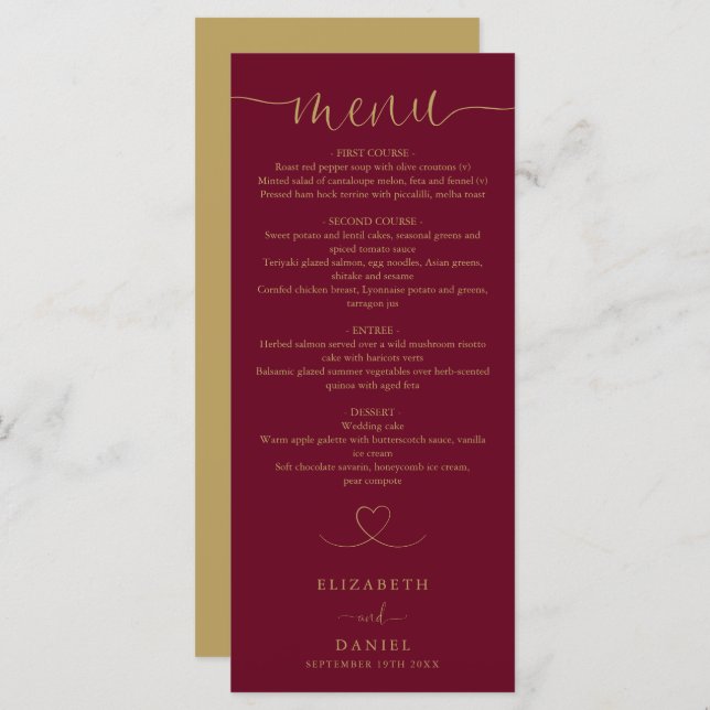 Burgundy And Gold Heart Script Wedding Dinner Menu (Front/Back)