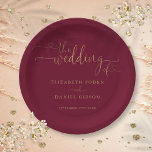 Burgundy And Gold Heart Script Wedding Paper Plate<br><div class="desc">This elegant heart script burgundy and gold wedding design can be personalized with your celebration details set in chic typography. Designed by Thisisnotme©</div>