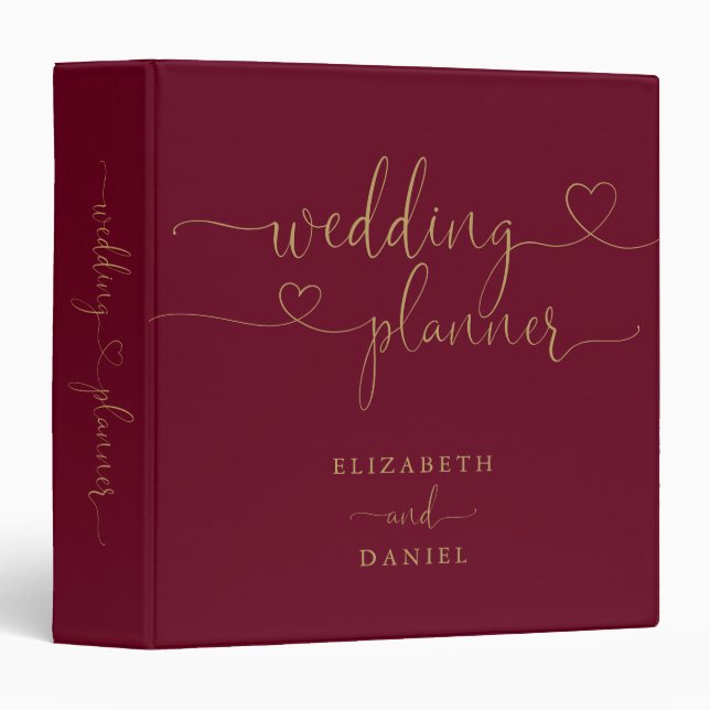 Burgundy And Gold Heart Script Wedding Planner Binder (Front/Spine)