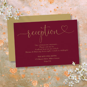 Burgundy And Gold Heart Script Wedding Reception Enclosure Card