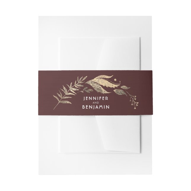 Burgundy and Gold Leaves Autumn Wedding Invitation Belly Band (Front Example)
