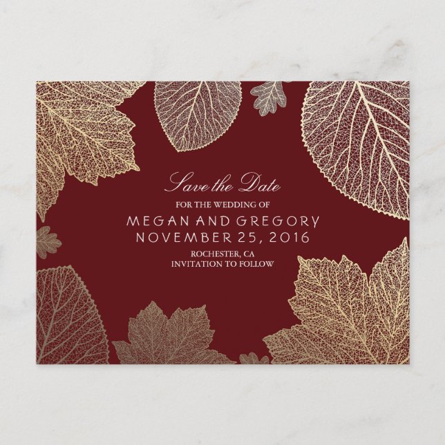 burgundy and gold leaves fall save the date announcement postcard (Front)