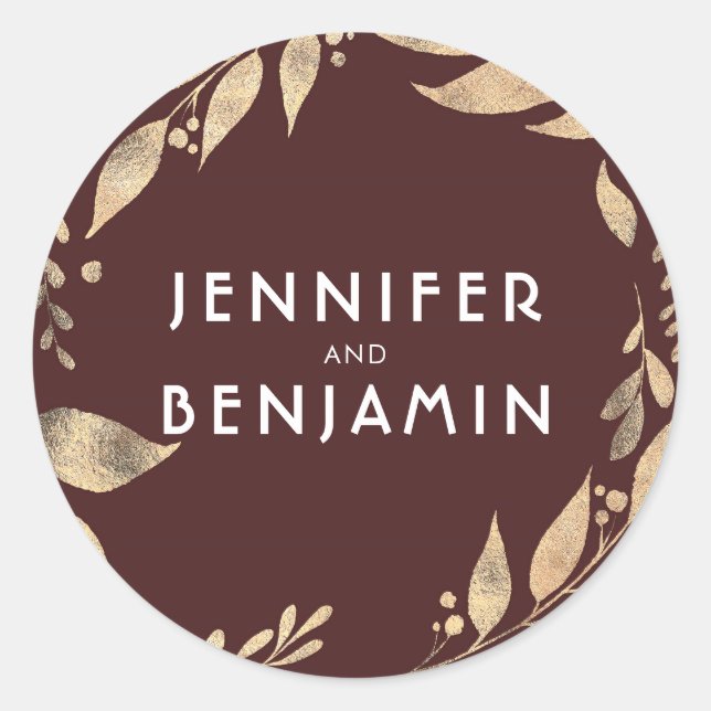 Burgundy and Gold Leaves Fall Wedding Classic Round Sticker (Front)