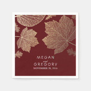 Burgundy and Gold Leaves Fall Wedding Napkin
