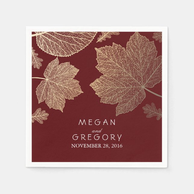 Burgundy and Gold Leaves Fall Wedding Napkin (Front)