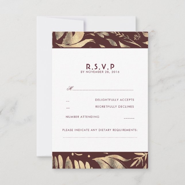 Burgundy and Gold Leaves Fall Wedding RSVP Card (Front)
