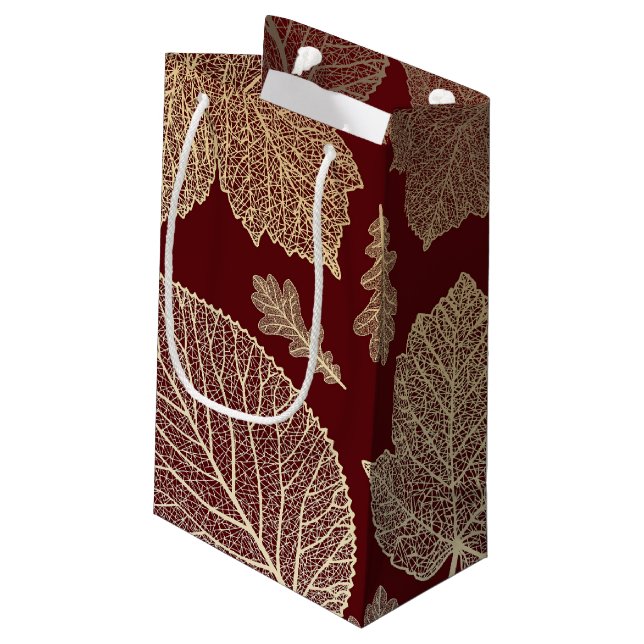 Burgundy and Gold Leaves Fall Wedding Small Gift Bag (Back Angled)