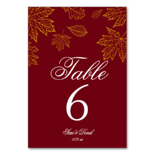 Burgundy and Gold Leaves Fall Wedding Table Number