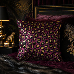 Burgundy and Gold Leopard Print Animal Pattern Throw Pillow