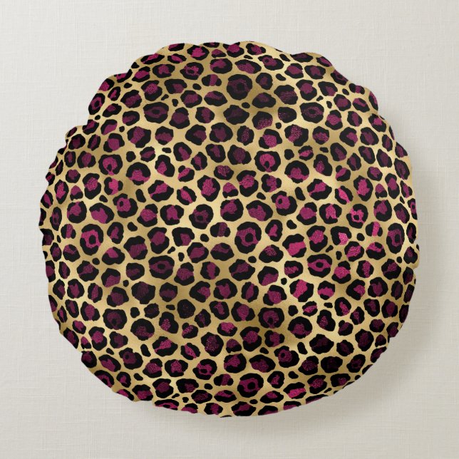 Burgundy and Gold Leopard Series Design 2 Round Pillow (Front)