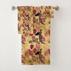 Burgundy and Gold Leopard Series Design 4 Bath Towel Set