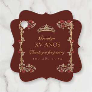Burgundy and Gold Ornate Rose Quinceanera Favour Tags