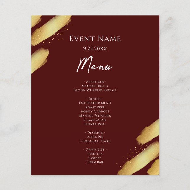 Burgundy and Gold Paint Budget Event Menu (Front)