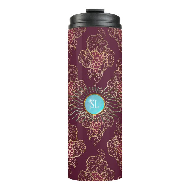Burgundy and Gold Paris Wine Gemstone Monogram Thermal Tumbler (Front)