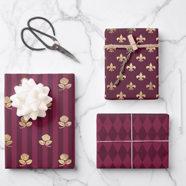 Burgundy and Gold Paris Wrapping Paper Sheet (Front)