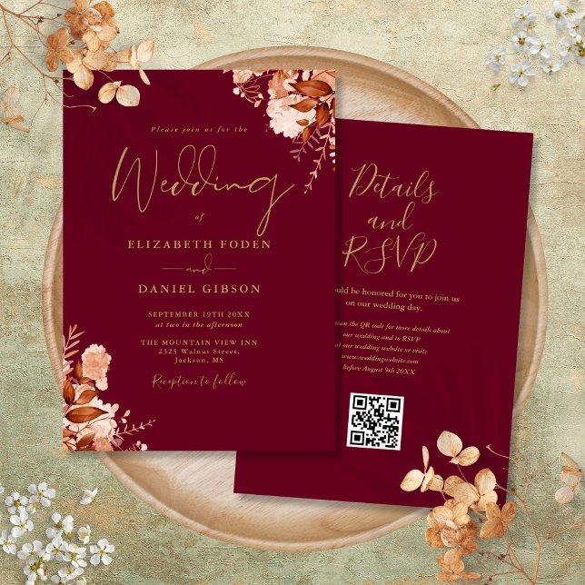 Burgundy And Gold QR Code Fall Wedding Invitation (Burgundy And Gold QR Code Fall Wedding Invitation)