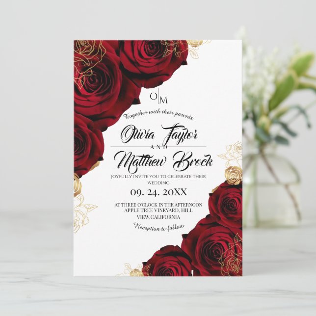  Burgundy and Gold ⎮ Red Rose Floral Wedding Invitation (Standing Front)