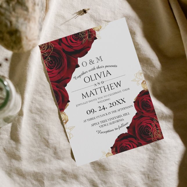  Burgundy and Gold ⎮ Red Rose Flower Wedding Invitation (Creator Uploaded)