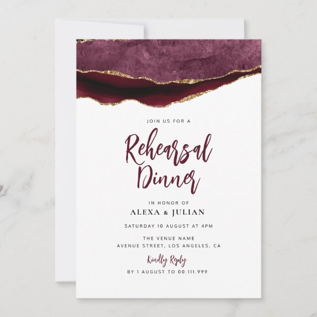 burgundy and gold rehearsal dinner invitation (Front)