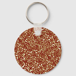Burgundy And Gold Rose Luxury Floral Pattern Keychain