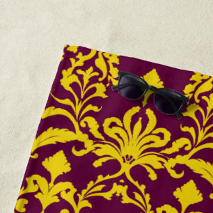 Burgundy and Gold Royal Damask Beach Towel